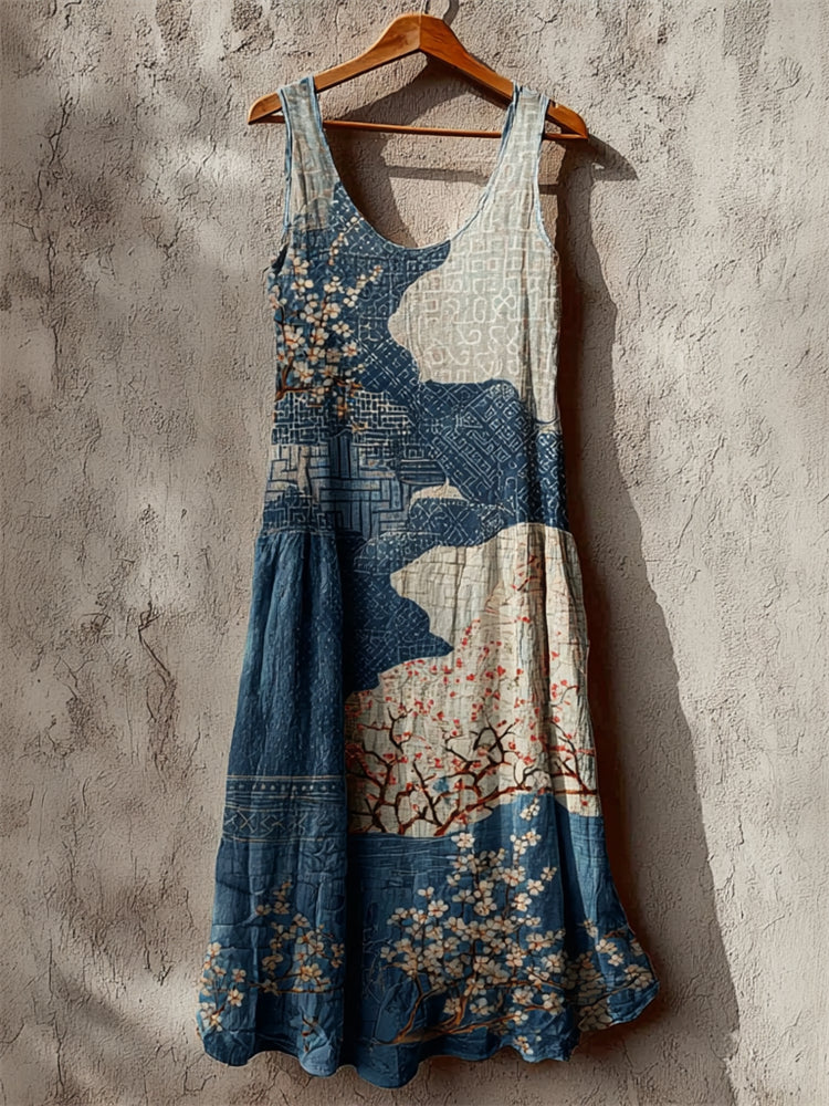 Cherry Blossom Sea Waves Japanese Sashiko Art Linen Maxi Dress
