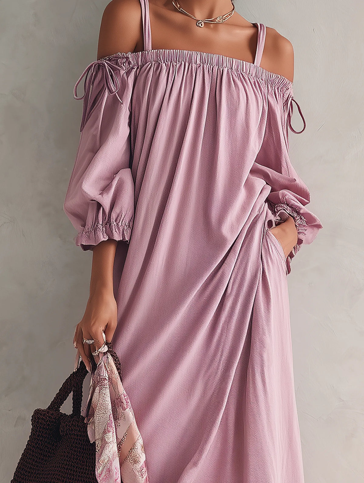 Women's Casual Lilac Woven Midi Dress With Straps And Mid-length Sleeves MDZ0711G3LXY