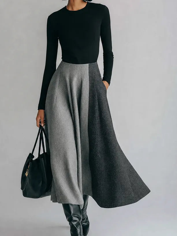 Women's Minimalist Black And Gray Color-Block Long Sleeve Midi Dress MDZ1767G1ZSQ