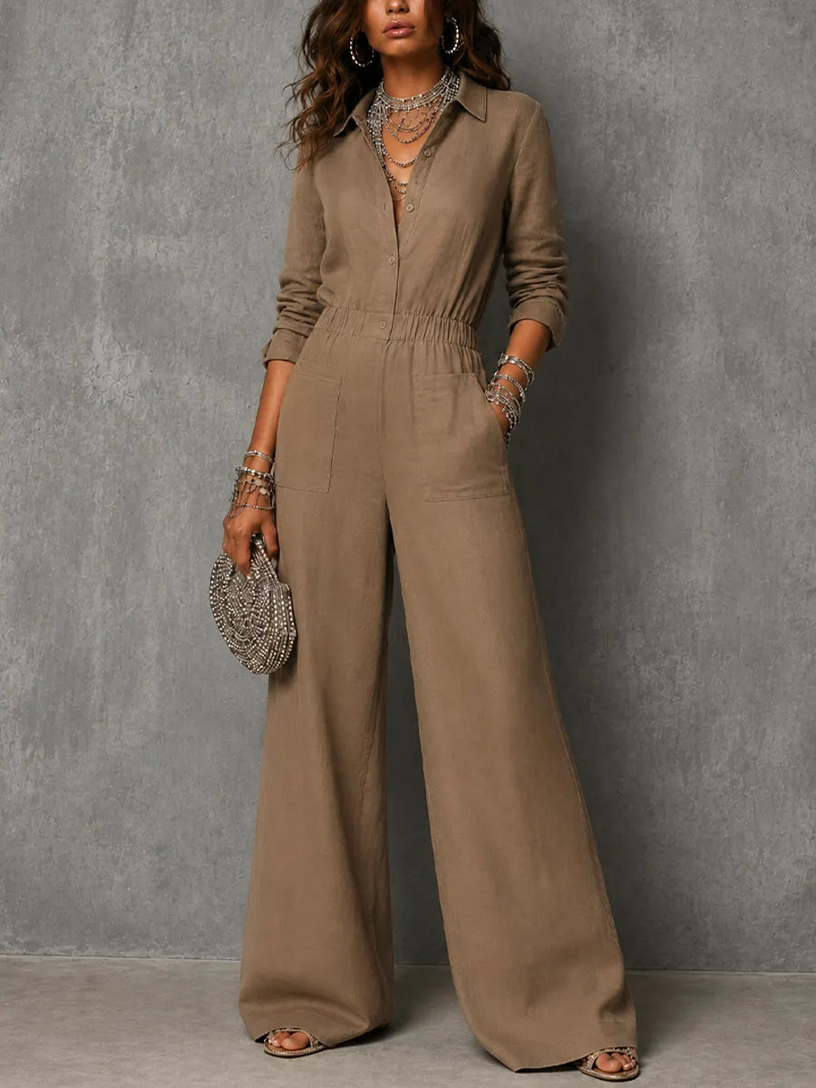 Women's Retro Casual Brown Cotton Linen Lapel Elastic Waist Patch Pocket Wide-Leg Jumpsuit MDZ1365G0GMJ