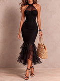 Retro Elegant Black Halter Ruched Midi Dress With Sheer Ruffled Hem