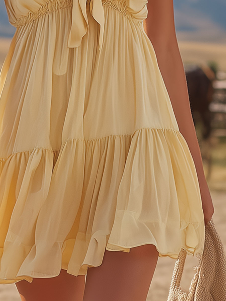 Western Retro Ruffled Yellow V-neck Sleeveless Chiffon Mini Dress