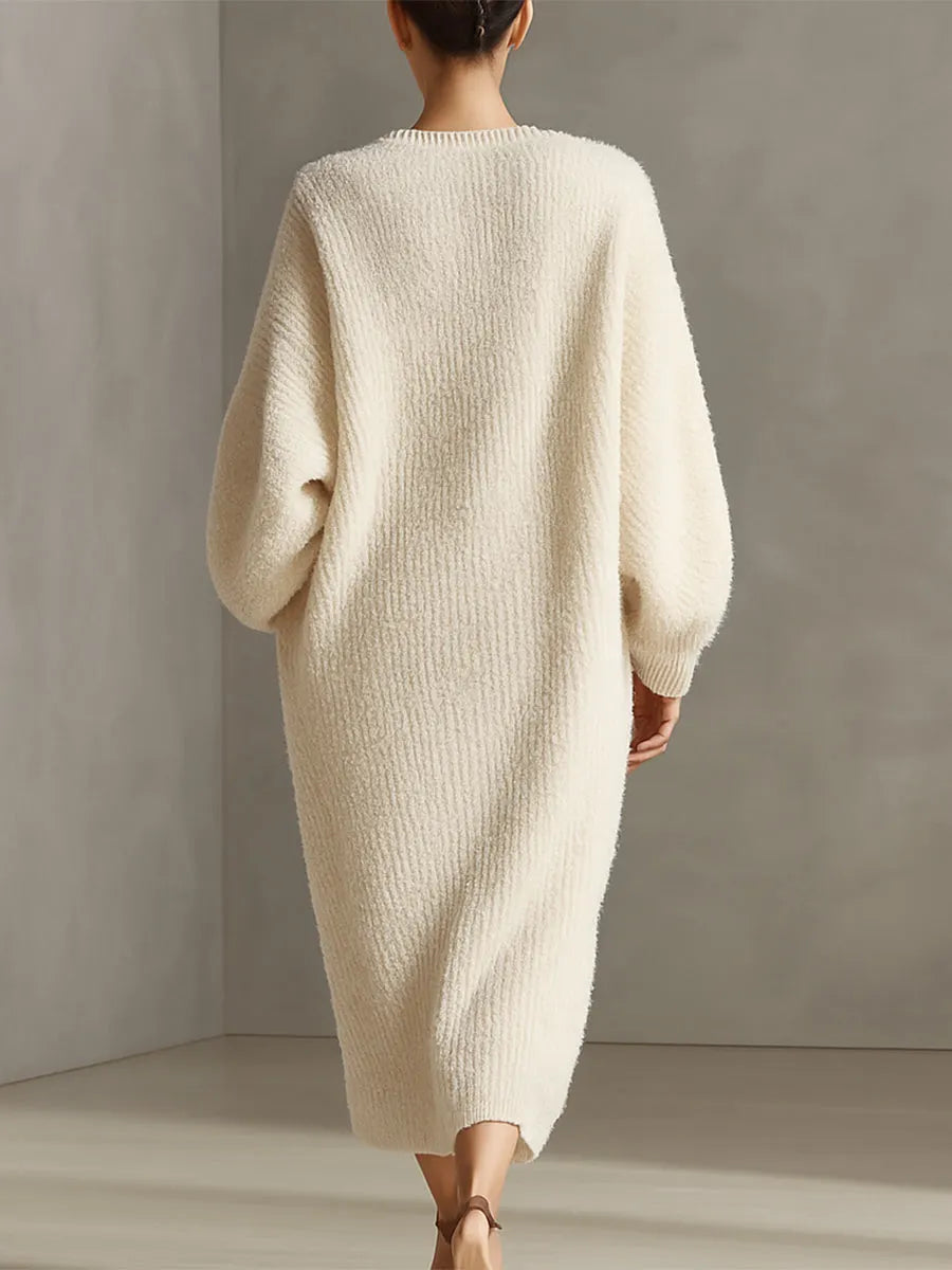 Women's Cream Elegant Faux Mink Knit Asymmetric Slit Midi Dress MDA0245I2I