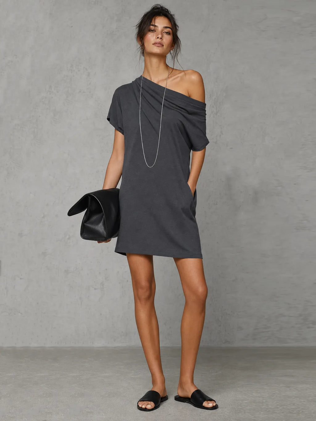 Women's Minimalist Stretch Knit One-Shoulder Short-Sleeve Straight-Cut Mini Dress MDZ3019F1WY