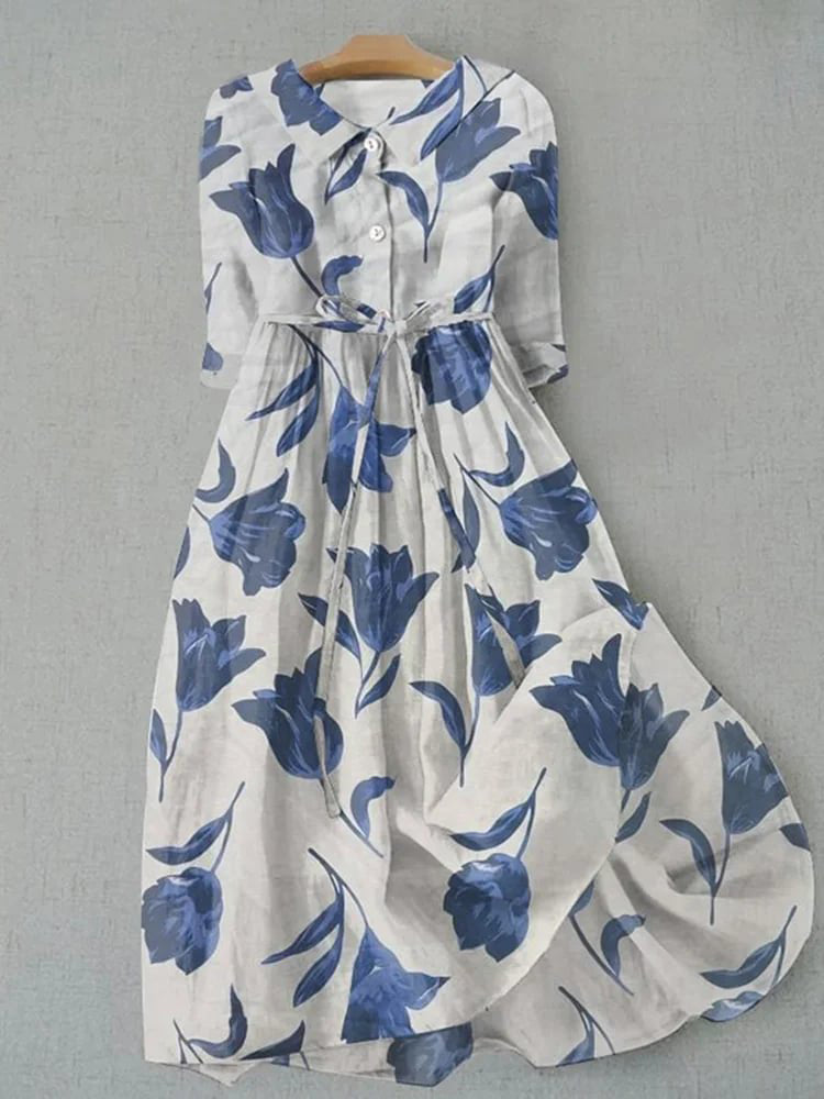 Elegant Art Floral Print Lace-up Casual Midi Dress