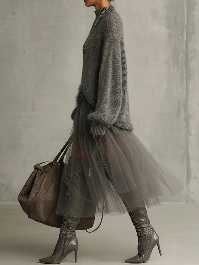 Women's Solid Color Knitted Turtleneck Mesh Dress