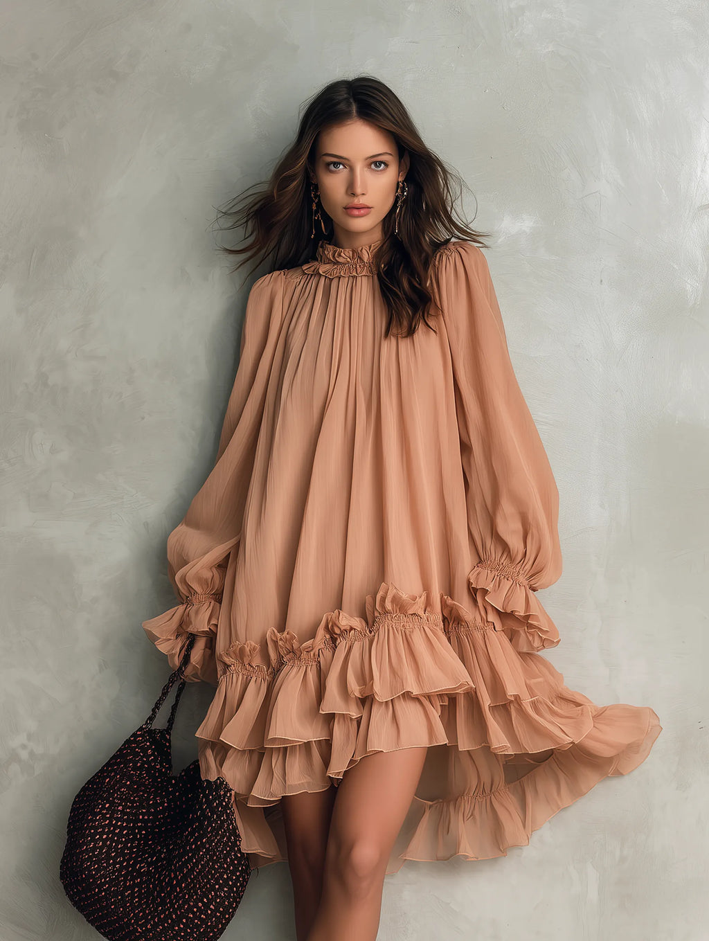 Women's Casual Apricot Chiffon Long-sleeve Mini Dress With A Round Neck MDZ1725G2LXY