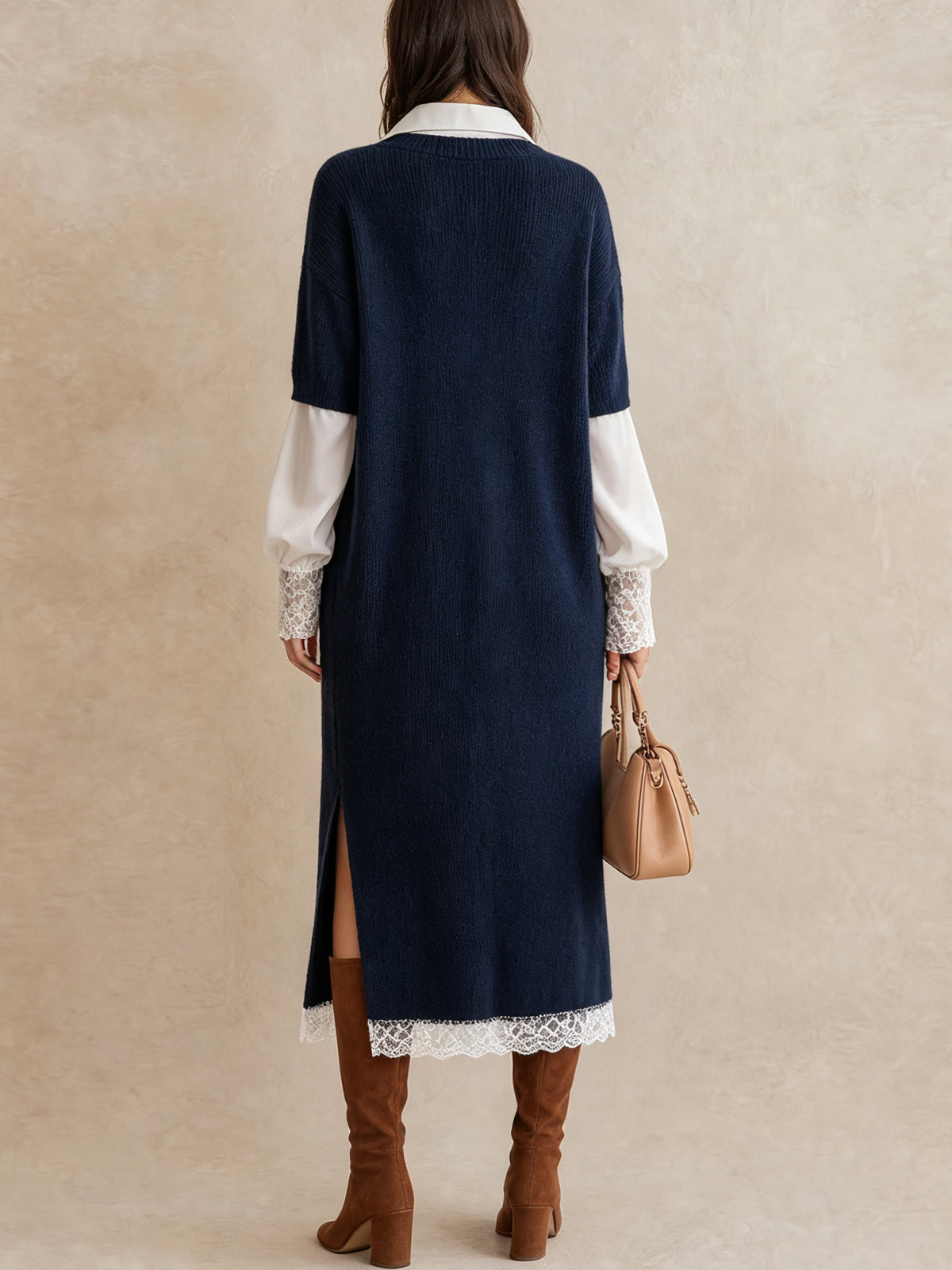 Navy Layered Lace Trim Knit Midi Dress