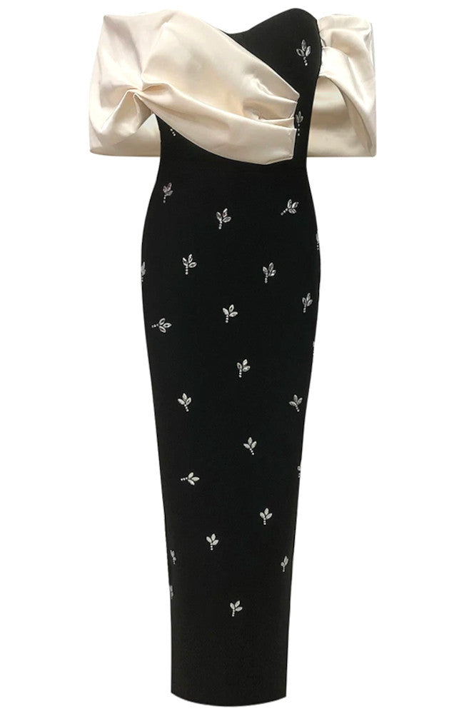 Draped Bardot Crystal Maxi Dress Black Ivory