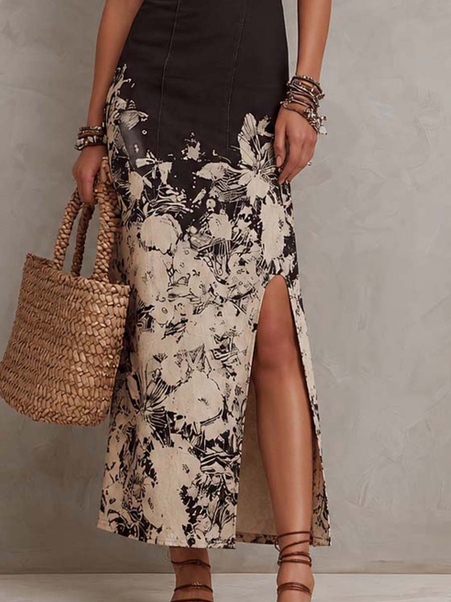 Black & Beige Floral Cotton-Blend Midi Slip Dress