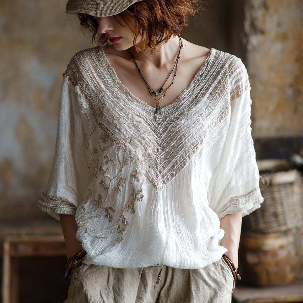 Women's Retro White Cherry Blossom Art Embroidered Cotton Linen V-neck Top