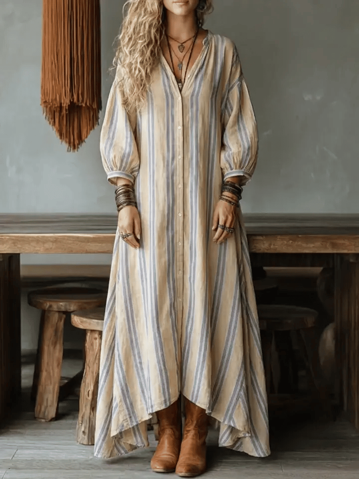 Women's Casual Striped Linen-cotton Dress