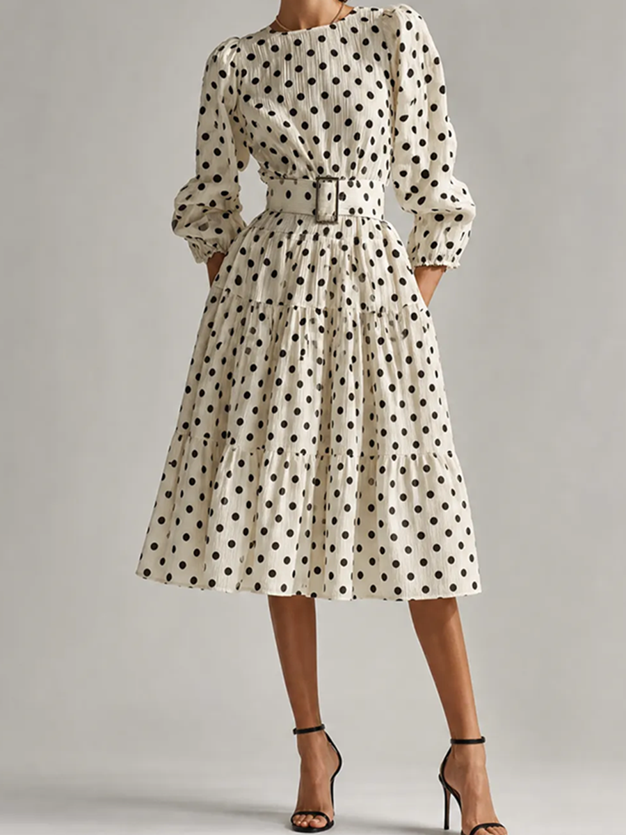 Women's Elegant Vintage Off-white & Black Polka-Dot Round-Neck Blouson-Sleeve Belted Tiered Midi Dress MDZ2467G6CMX