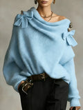 Women's Solid Color Off-the-shoulder Long-sleeved Casual Loose-fitting Knitted Sweater