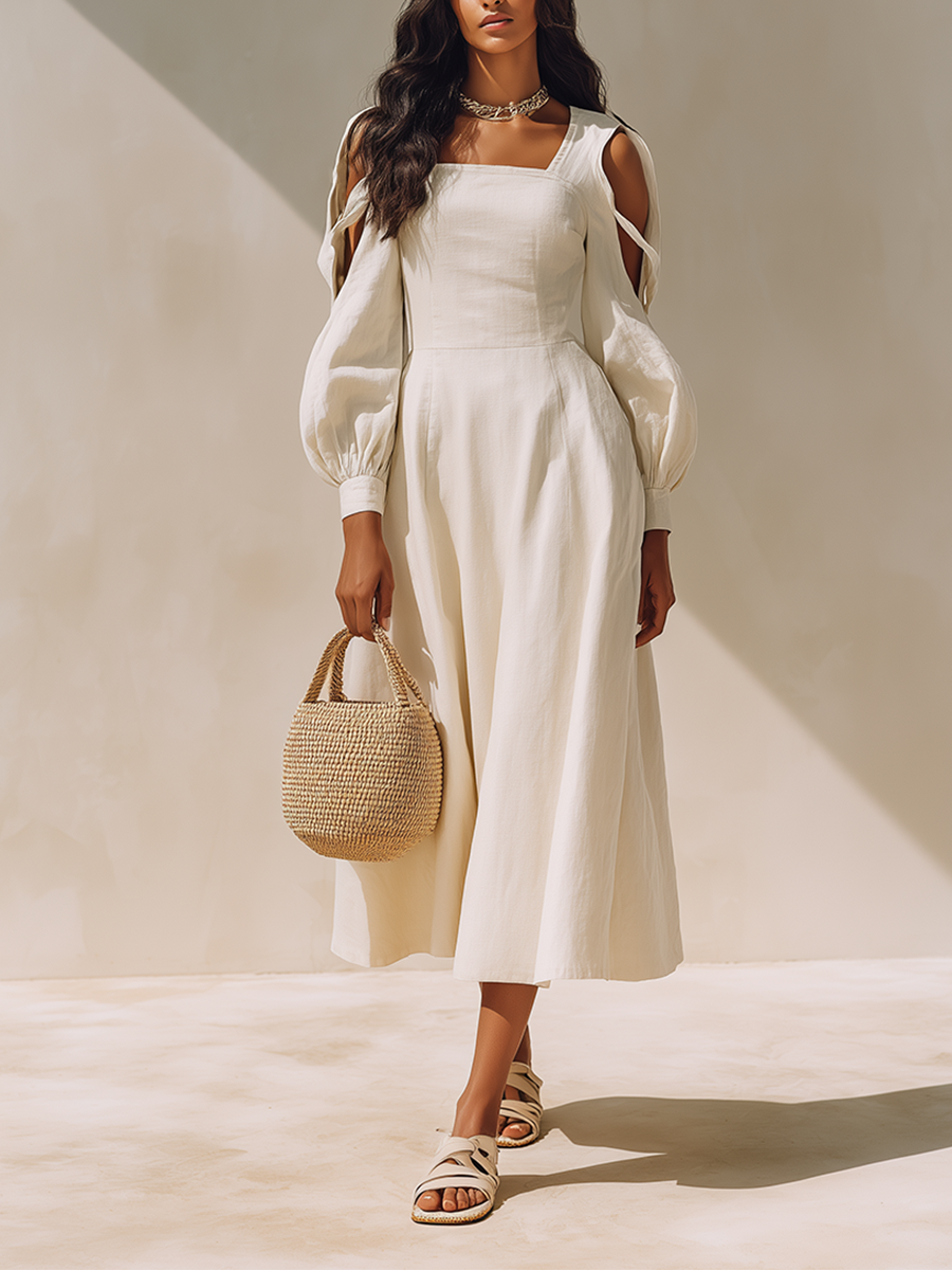 Women's Off White Linen Blend Midi Dress With Square Neck Cutout Balloon Long Sleeves, Minimalist Elegant Flowy Vacation Midi Dress MDZ0268G6LYL