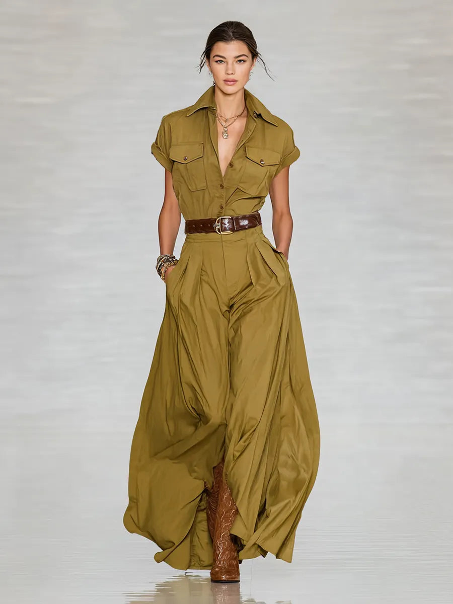 Women's Cotton Blend Lapel Single-breasted Short-sleeved Shirt Maxi Dress MDA1876G9Y