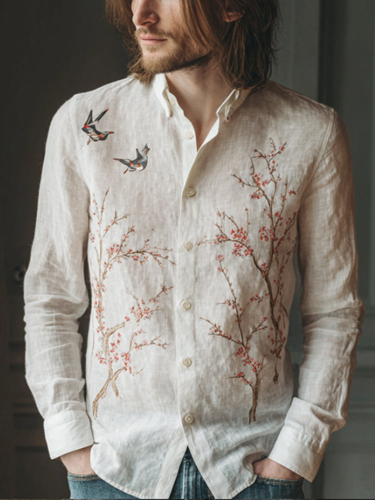 Retro Japanese Cherry Blossom And Magpie Vintage Button-down Shirt