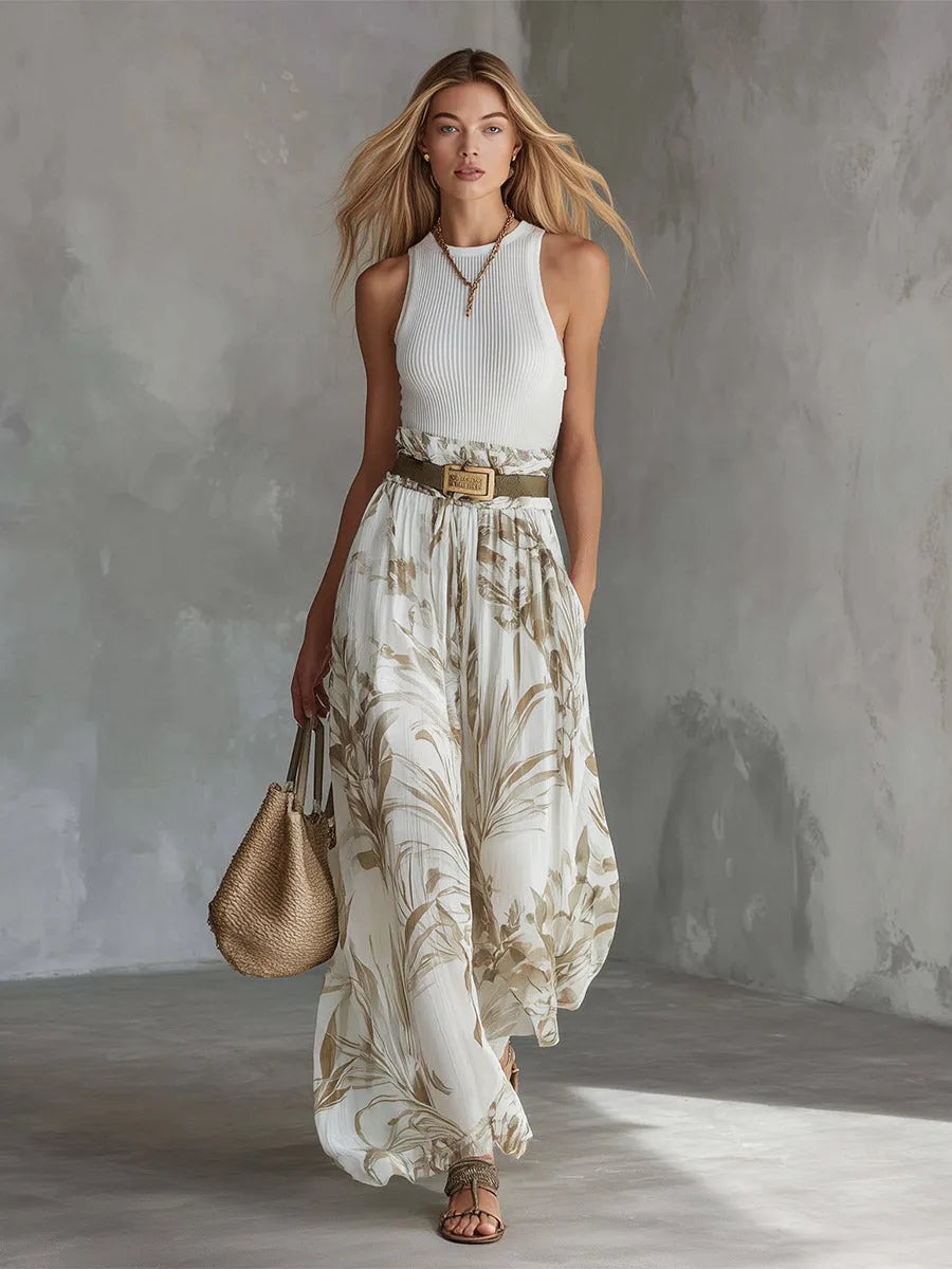 Elegant White Breathable Knit Tank Top Printed Chiffon Wide-Leg Pants Set