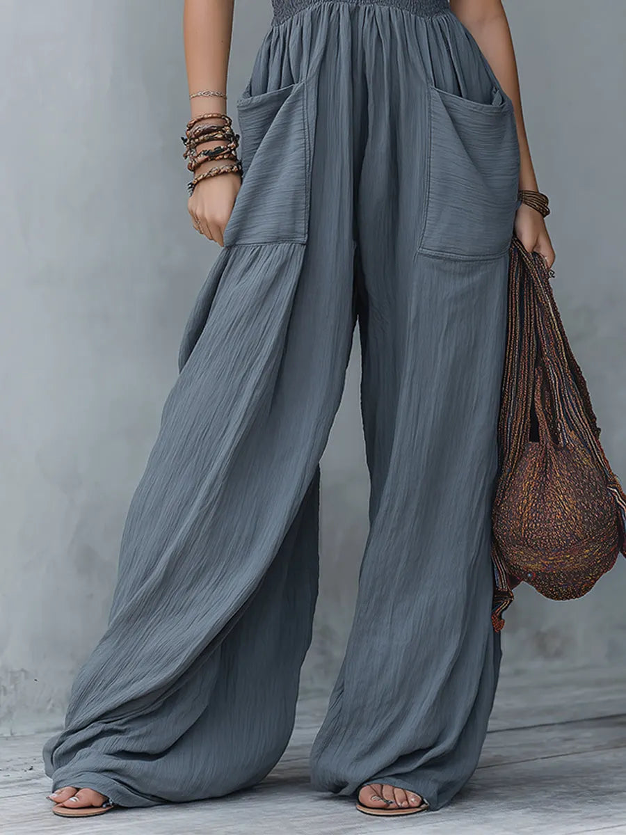 Retro Halter-Neck Shirred Waist Wide-Leg Jumpsuit