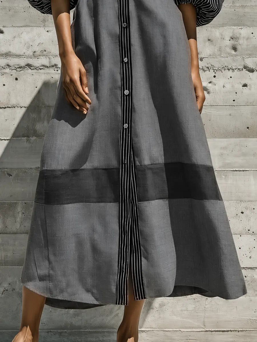 Women's Black White Vertical Stripe Patch Puff Sleeve Collared Button Front Color Block Gray Cotton-linen blend Midi Shirt Dress MDZ2049G8YZJ