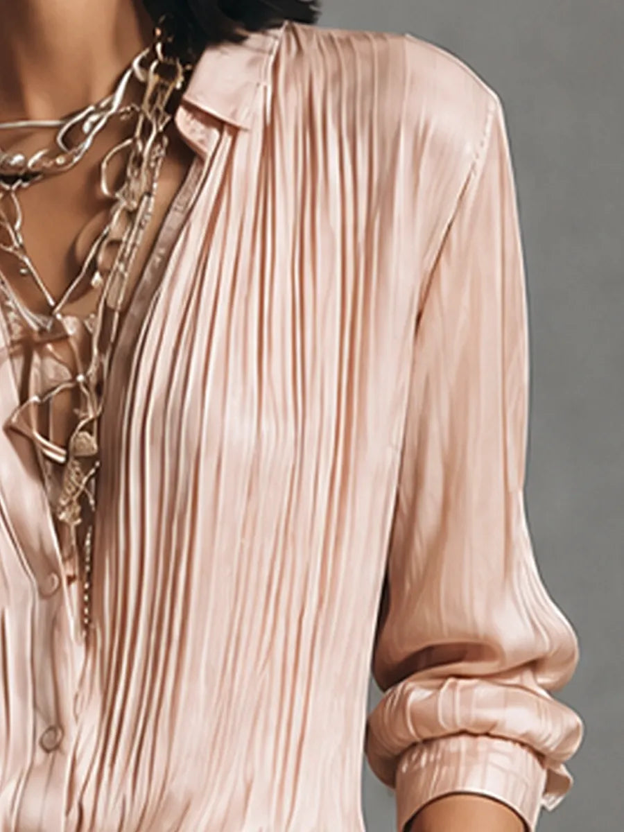 Women's Elegant Pink Satin Pleated Button-Down Long Sleeve Shirt MDZ2049G9GMJ