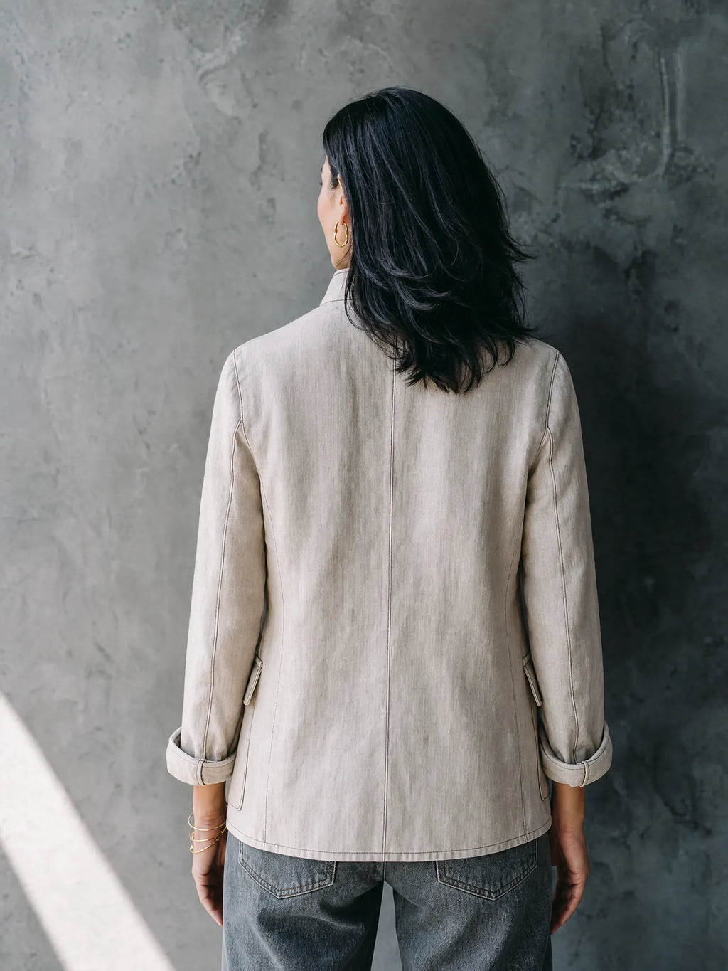Women's Simple Commuter Off White Cotton Linen Stand Collar Contrast Stitched Patch Pockets Jacket MDZ1566G2GMJ