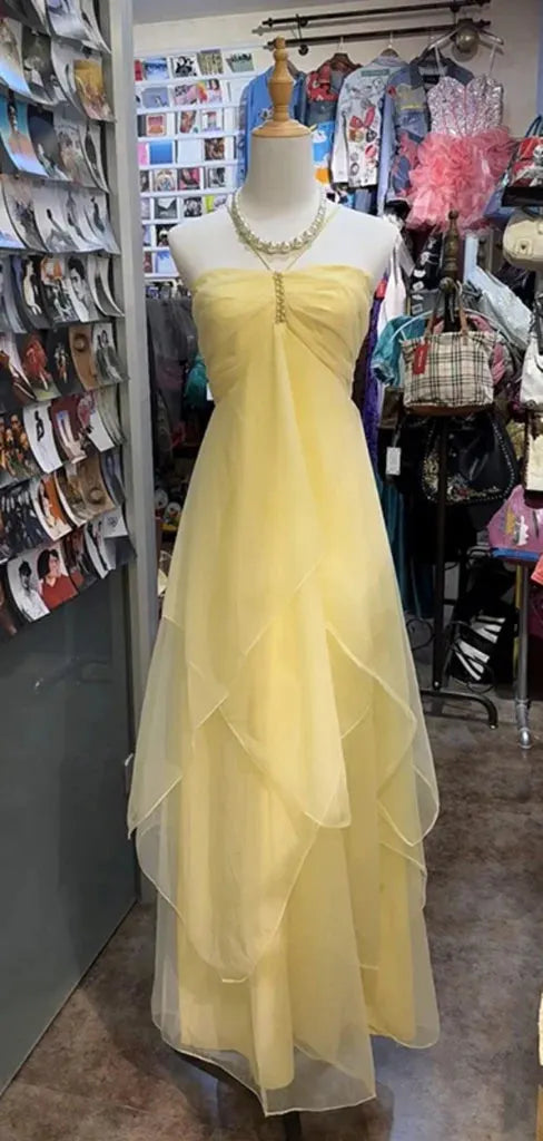 Yellow Elegant Sweet Sleeveless A-Line Tulle Long Chiffon Ball Gown Party Dress Bridesmaid Dress Wedding Guest Party Dress 4116