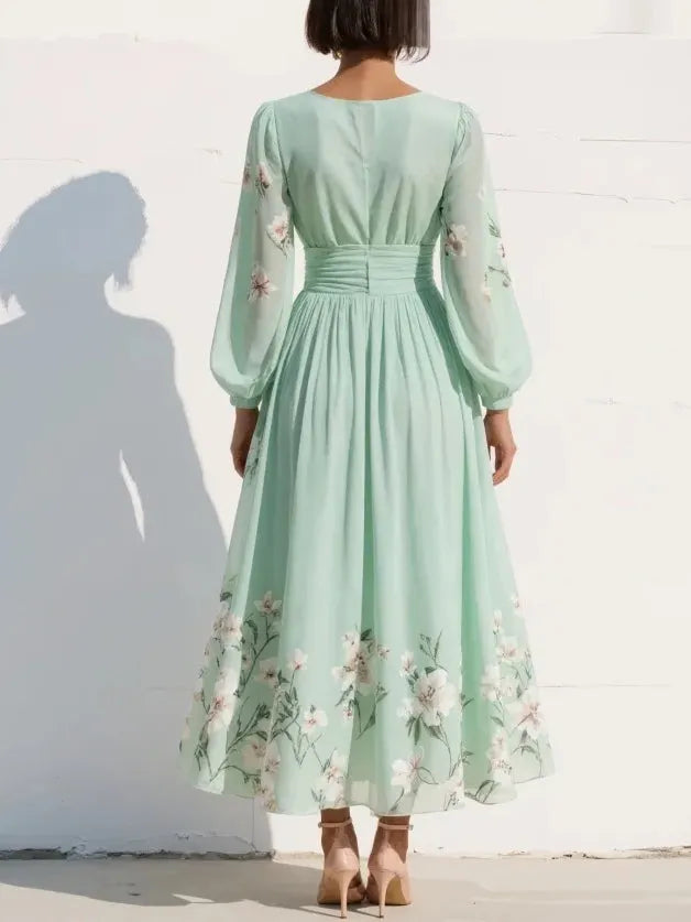 Light Green V-Neck Chiffon Pleated Floral Midi Dress
