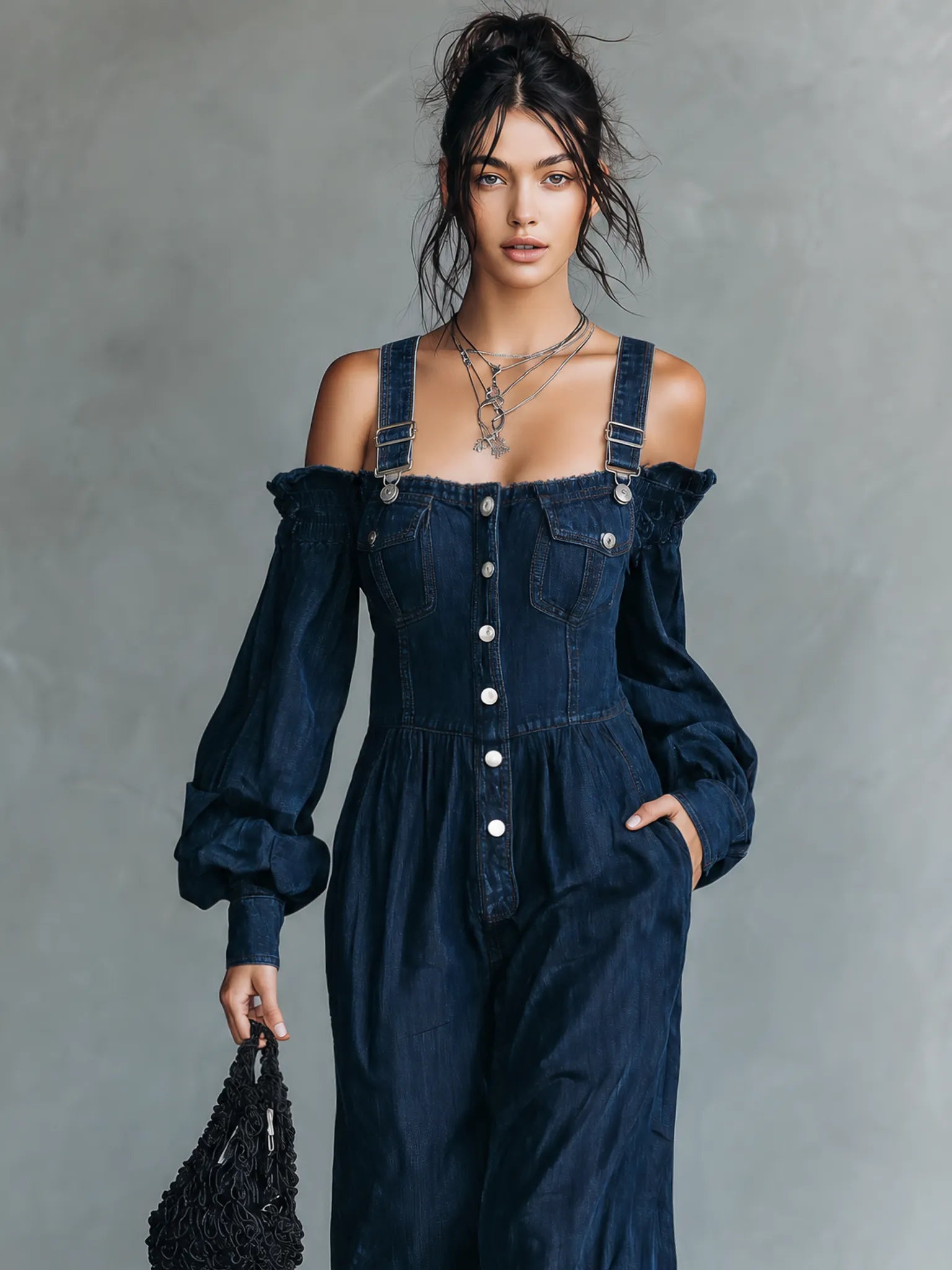 Women's Casual Dark Blue Denim Long-sleeve Overall Jumpsuit MDZ2425G0LXY