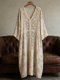 Boho Lace Floral Patchwork Women's Linen V-neck Long Dress