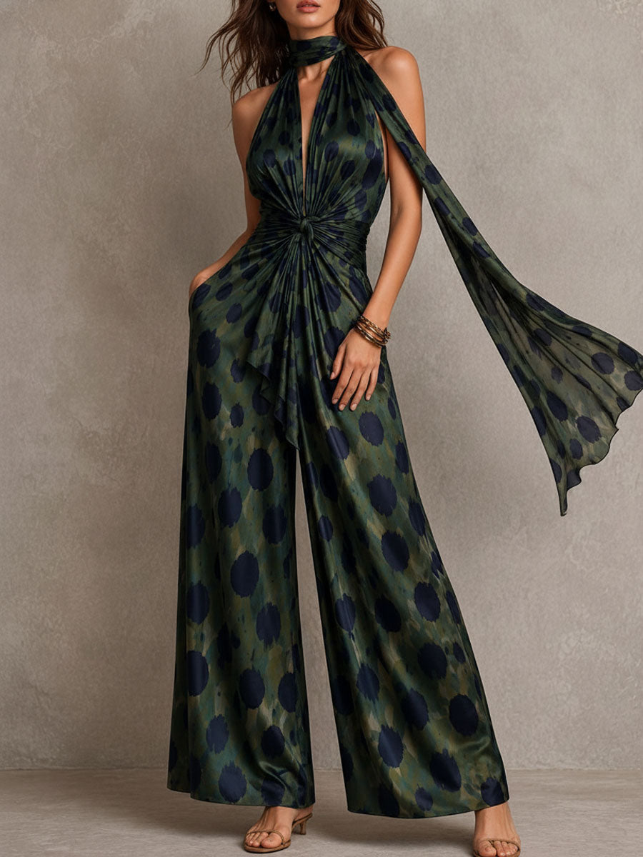 Boho Chic Olive And Navy Polka Halter Neck Scarf  Satin Jumpsuit