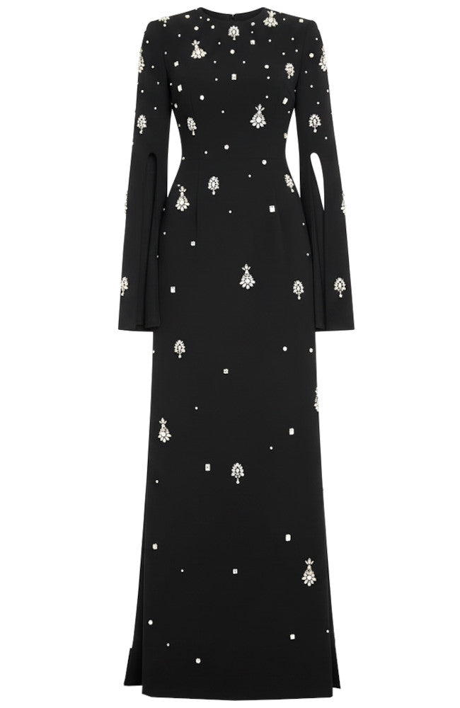 Long Cape Sleeve Crystal Maxi Dress Black
