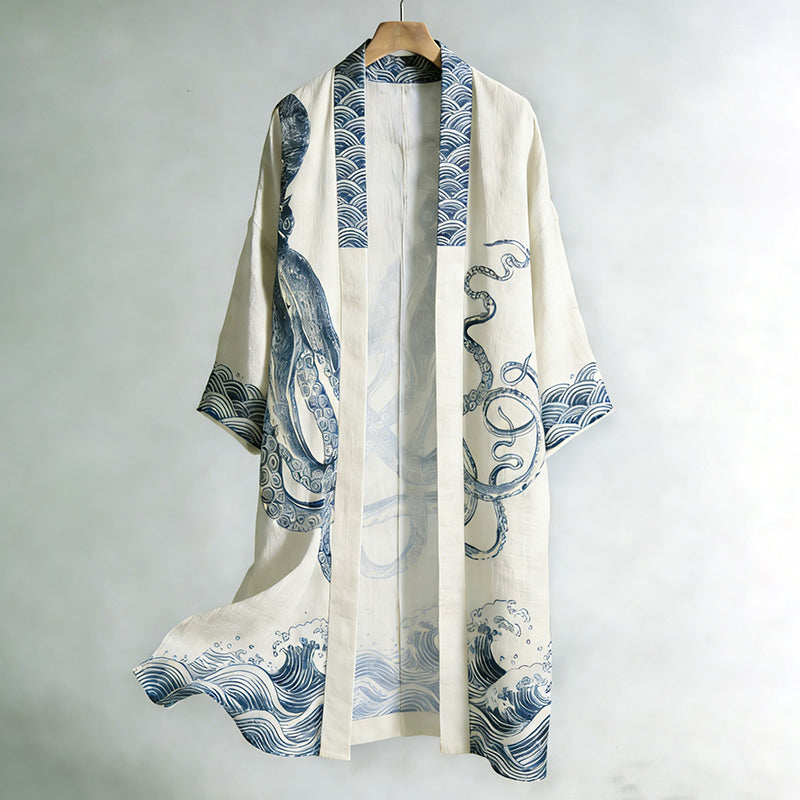 Japanese-style Octopus And Wave Art Pattern Casual Kimono Cardigan