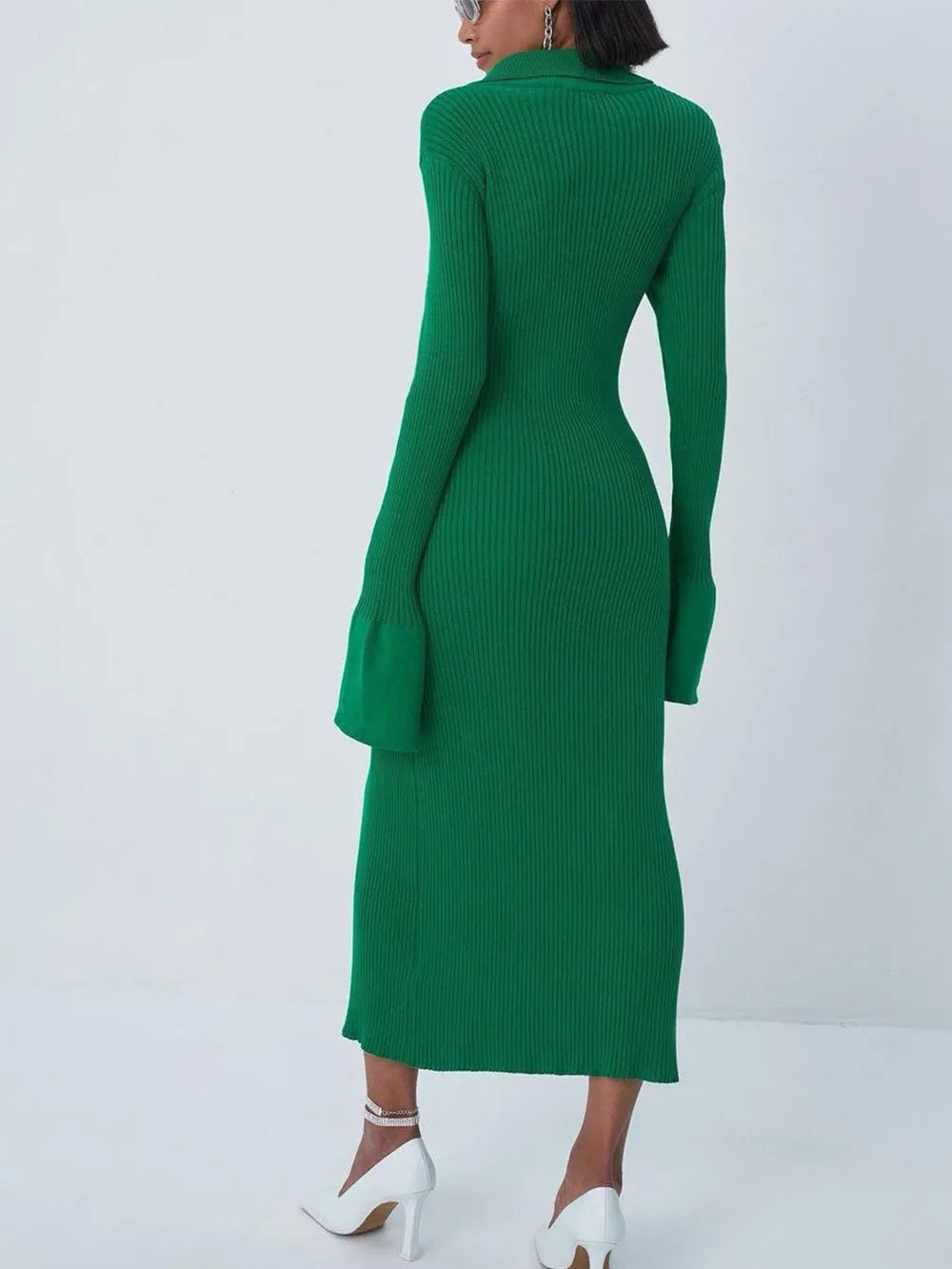 V-Neck Long Bell Sleeve Sweater Maxi Dress