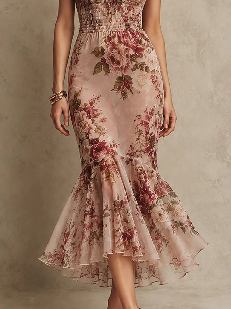 Retro Stand-Collar Shirred-Waist Fishtail Chiffon Printed Maxi Dress