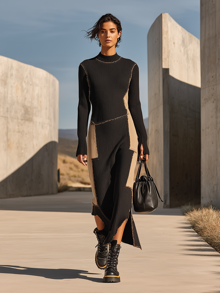 Women's Black Khaki Ribbed Knit Maxi Dress With Raw Edge Patchwork & Mock Neck, Streetwear Irregular Split Bodycon Sweater Maxi Dress MDZ2744G4LYL