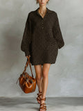 Women's Fashionable Brown Leopard Print Loose Open Neckline Long Sleeve Dress MDA1895L2AN