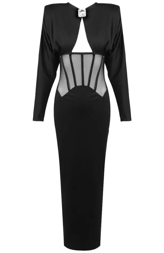 Long Sleeve Structured Mesh Maxi Dress Black