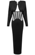Long Sleeve Structured Mesh Maxi Dress Black