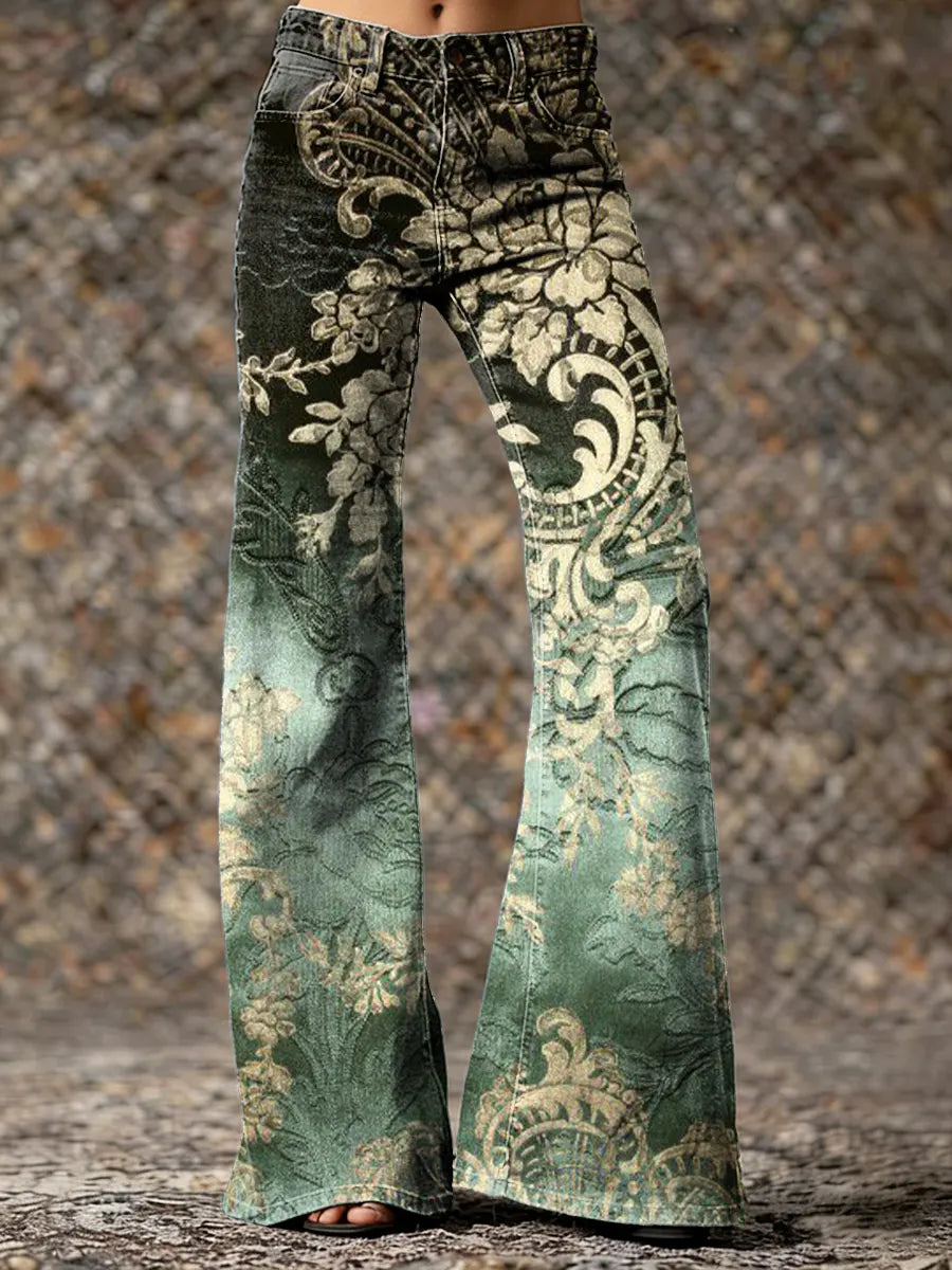 Women's Vintage Totem Art Print Washed Cotton  Pants