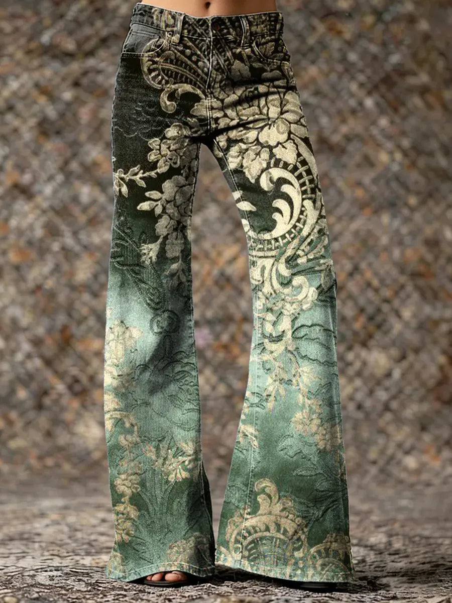 Women's Vintage Totem Art Print Washed Pants