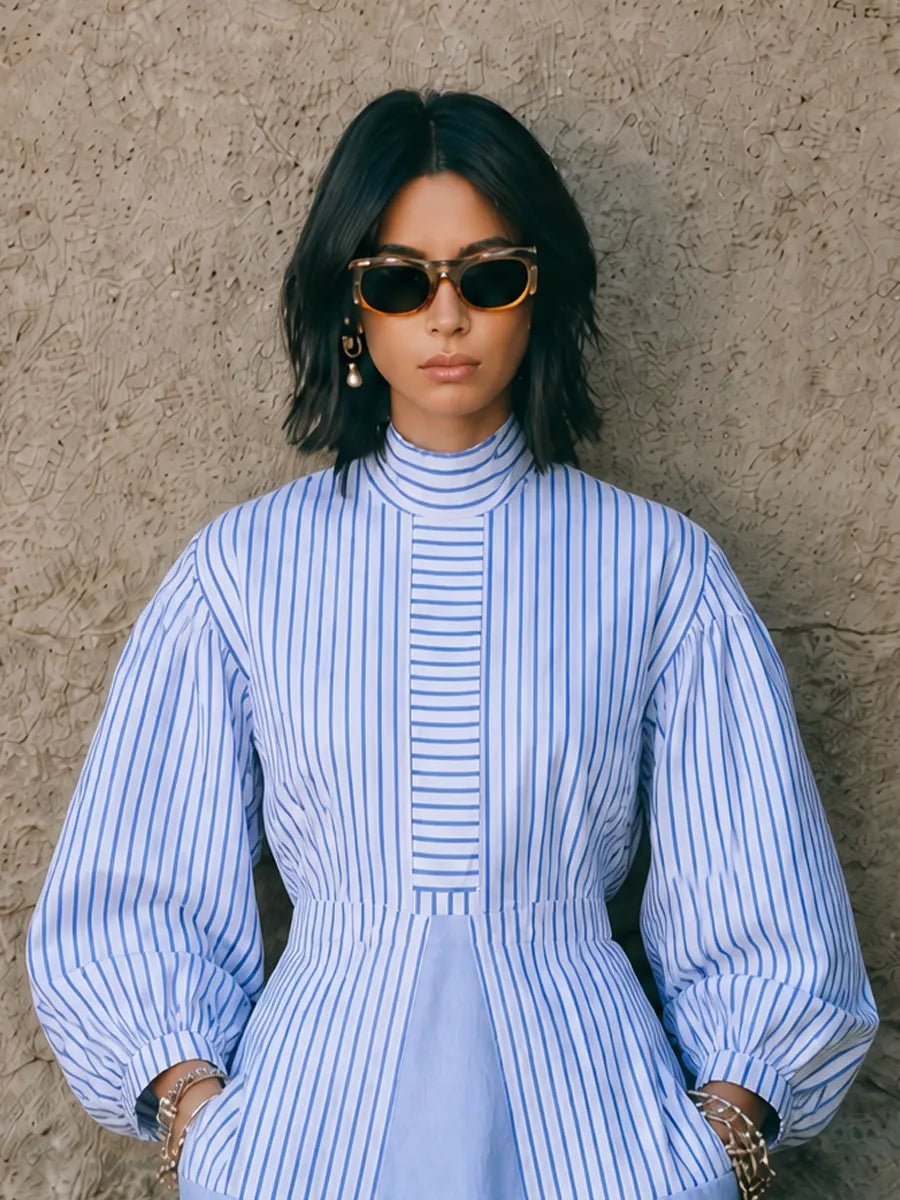 Women's Elegant Blue White Cotton Blend Striped Waist-Seamed Lantern Sleeve Mini Dress MDZ2032G8GMJ