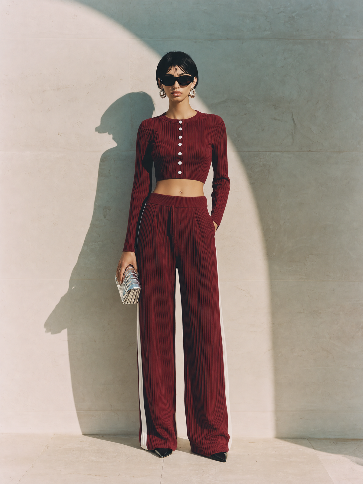 Women's Modern Burgundy Ribbed Knit Round Neck Button-Front Cropped Top And High-Waist Wide-Leg Pants Two-Piece Set MDZ1691G3ZSQ