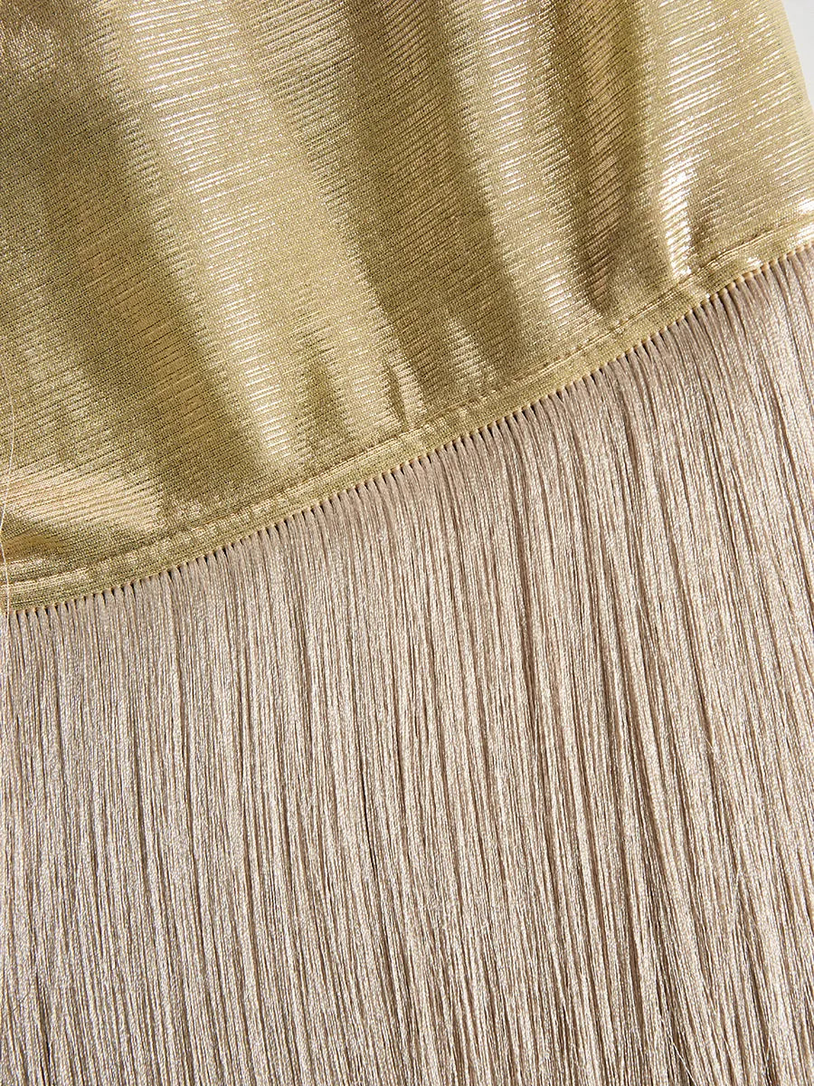 Chic And Sophisticated V-neck Tassel Champagne Shimmering Maxi Dress