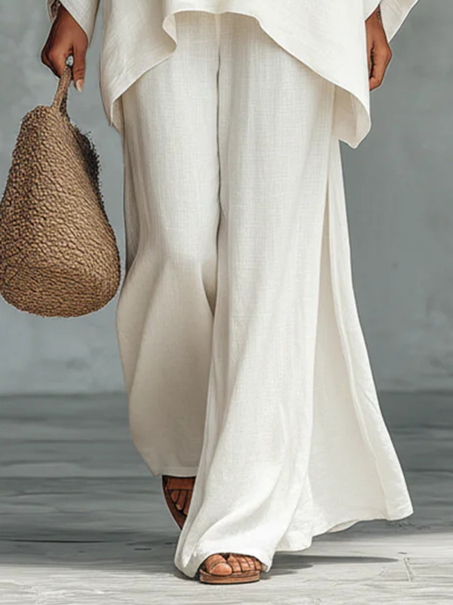 Daily White Round Neck Long Sleeve Wide Leg Casual Asymmetric Hem Two Piece Pant Sets