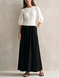 Women's Casual Black And White Woven Maxi Dress With A Round Neck And Mid-length Sleeves MDZ0231G6LXY