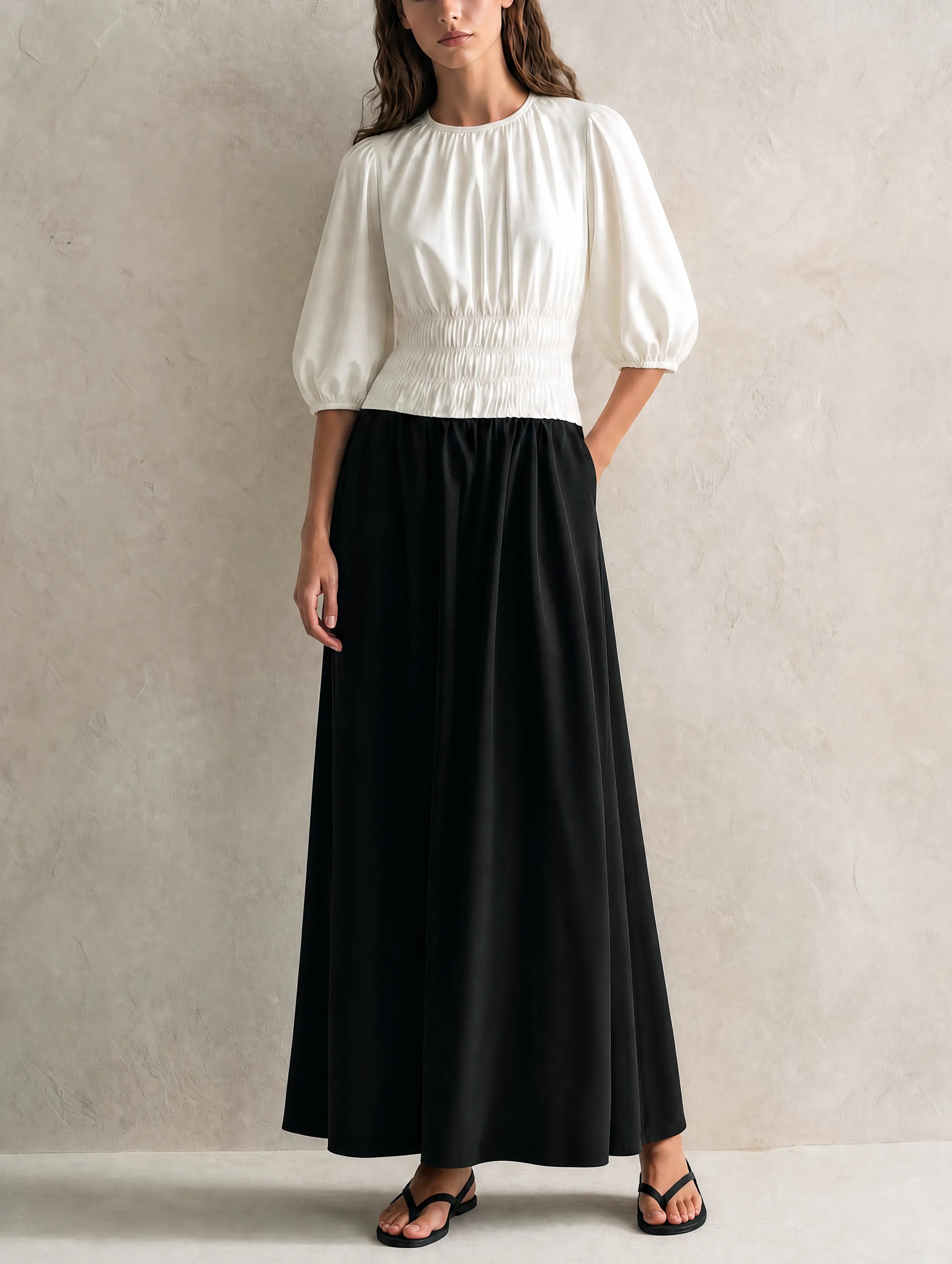 Women's Casual Black And White Woven Maxi Dress With A Round Neck And Mid-length Sleeves MDZ0231G6LXY