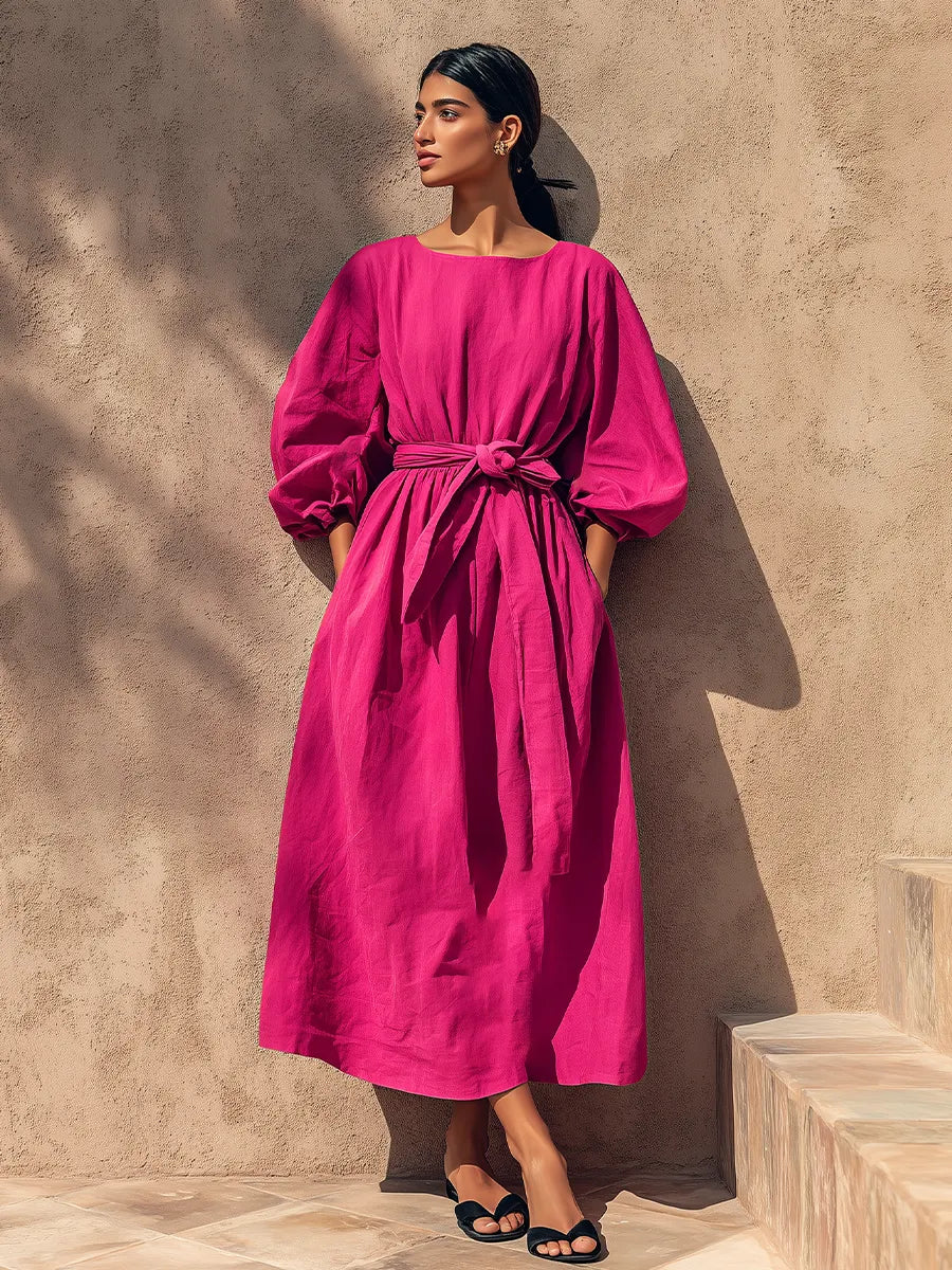 Women's Fuchsia Textured Cotton-Blend Maxi Gown With Cuffed Lantern Sleeves & Side Hand Pockets, Minimalist Effortless-Chic Summer Maxi Dress MDZ0641G7LYL