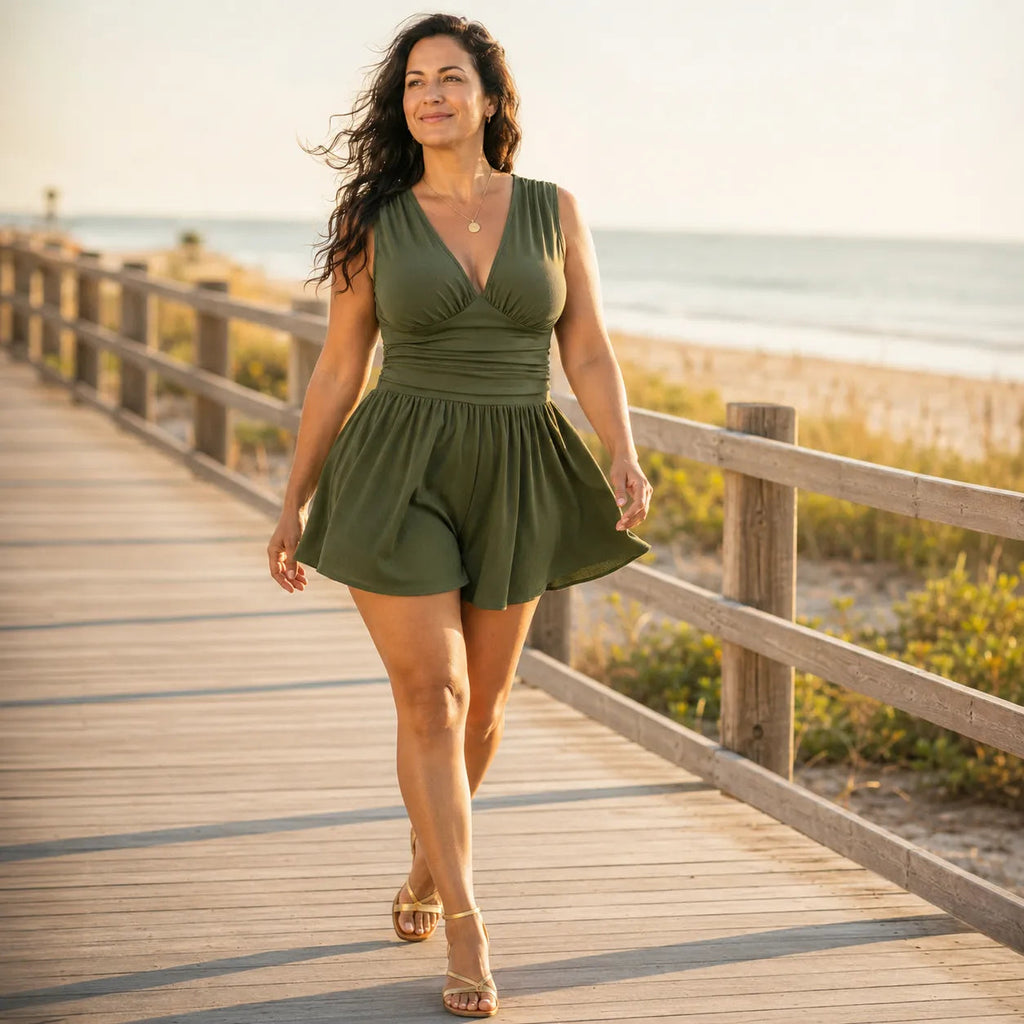 Solenya – Deep V Ruched Waist Sleeveless Romper