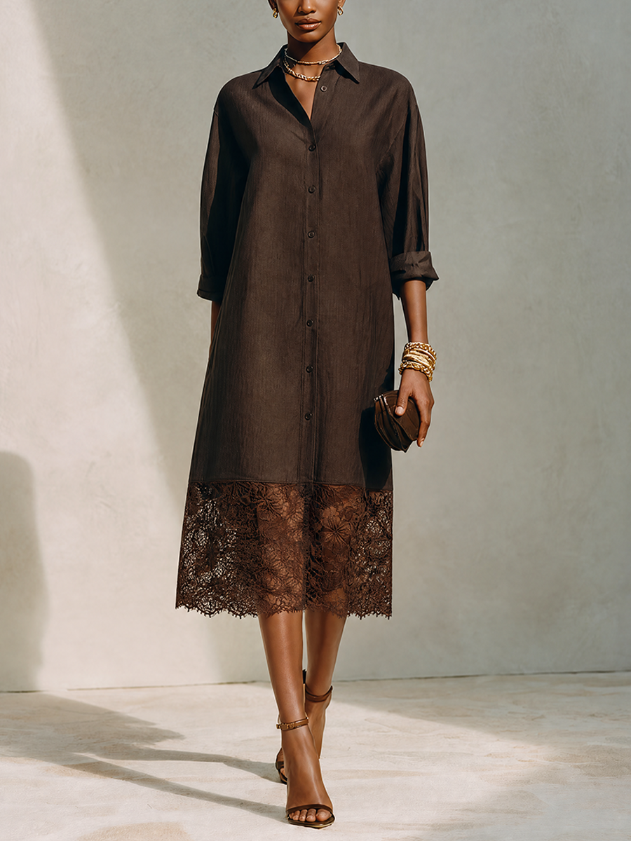 Women's Minimalist Solid Brown Linen & Lace-Panel Midi Shirt Dress MDZ0684G8ZRK